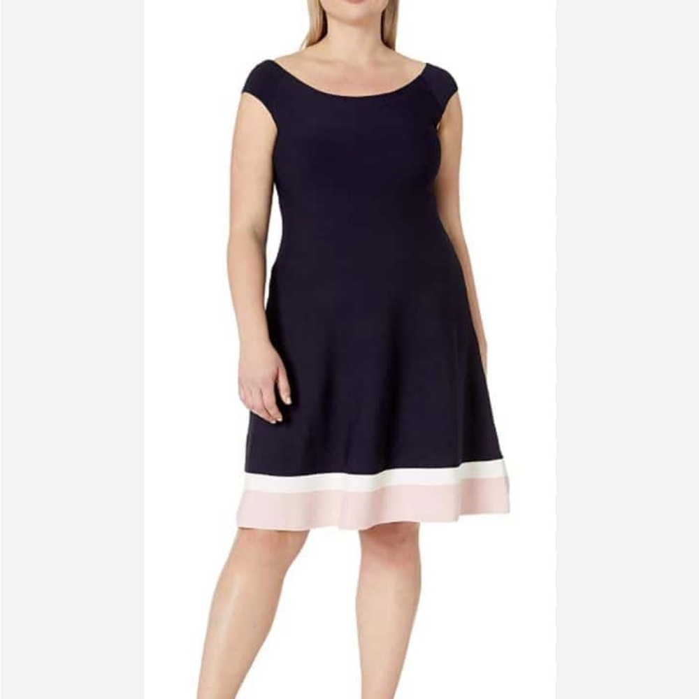 ELIZA J Women’s Fit & Flare Knit Dress, Navy, Stripes At Hemline, Wide Boat Neck